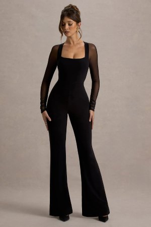 Club L London Black Flared-Leg Jumpsuit With Sheer Sleeves