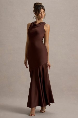 Club L London Brown Satin Cowl-Neck Maxi Dress