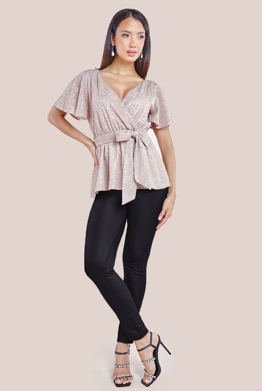 Goddiva Lurex Flutter Sleeve Wrap Top 