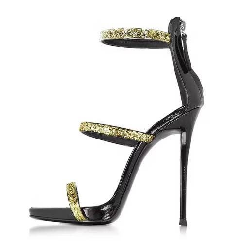Gold Glitter High Heel Sandals Patent Leather